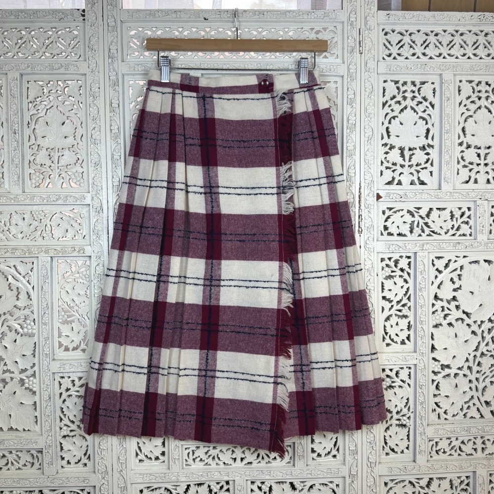 Vintage Red & Cream Wool Blend Faux Wrap Skirt Sz XS/S Cottage Prairie‎ Plaid